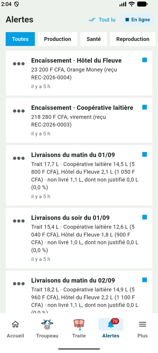 Écran Alertes de l'application IKA-NONO