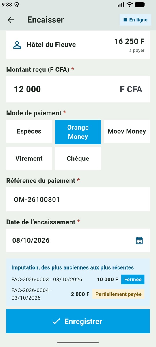 Saisie d'un encaissement par Orange Money