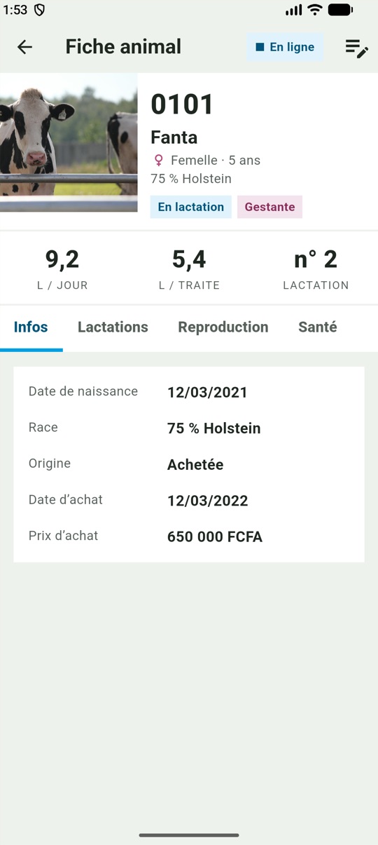 Écran Troupeau de l'application IKA-NONO