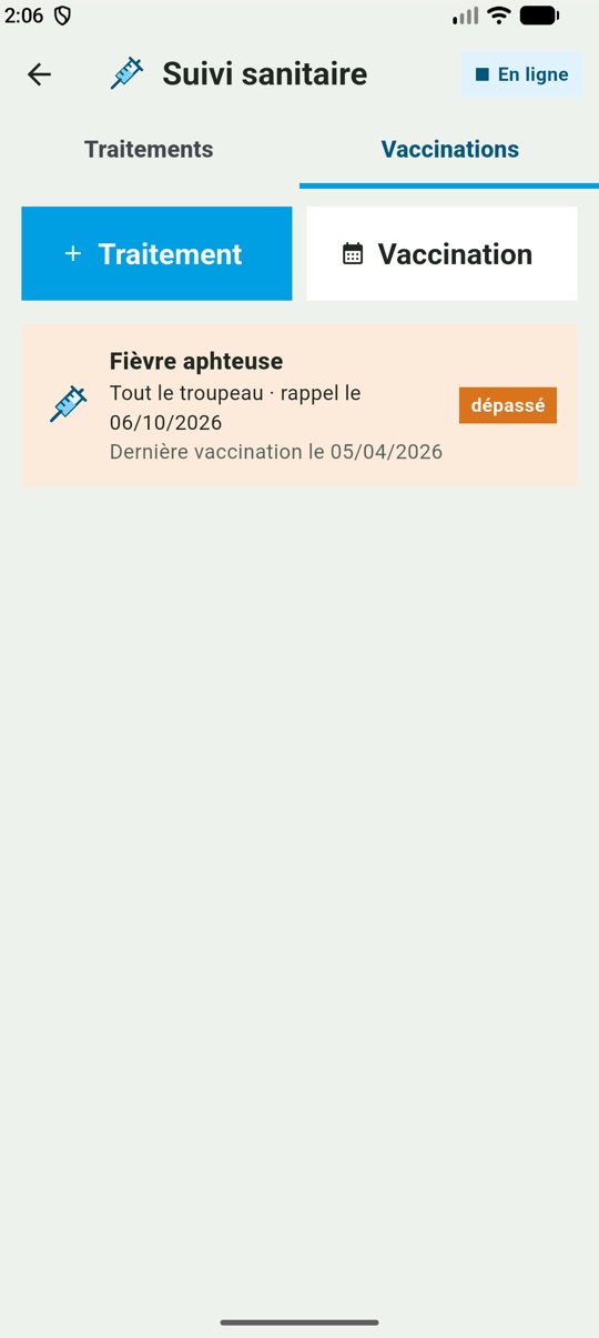 Écran Suivi sanitaire de l'application IKA-NONO