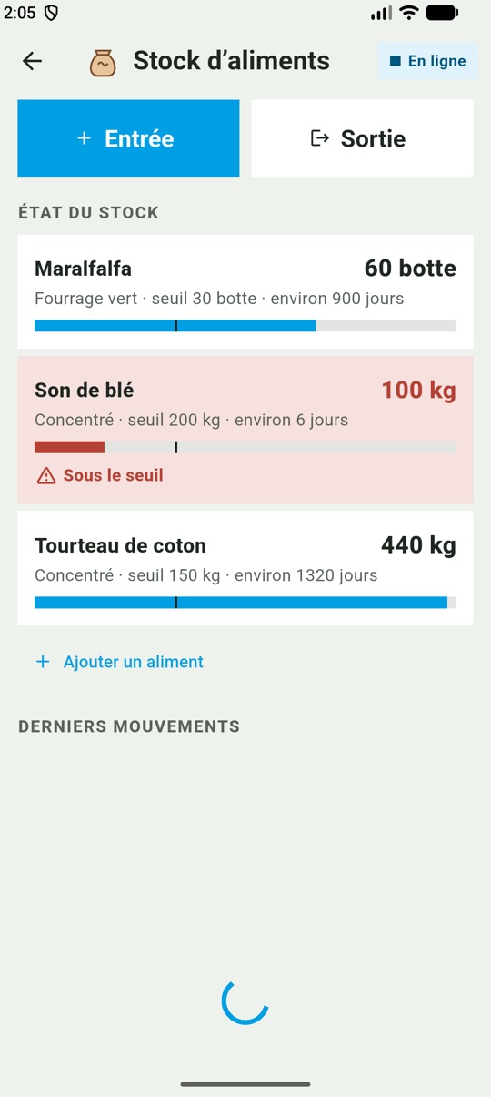 Écran Stock d’aliments de l'application IKA-NONO
