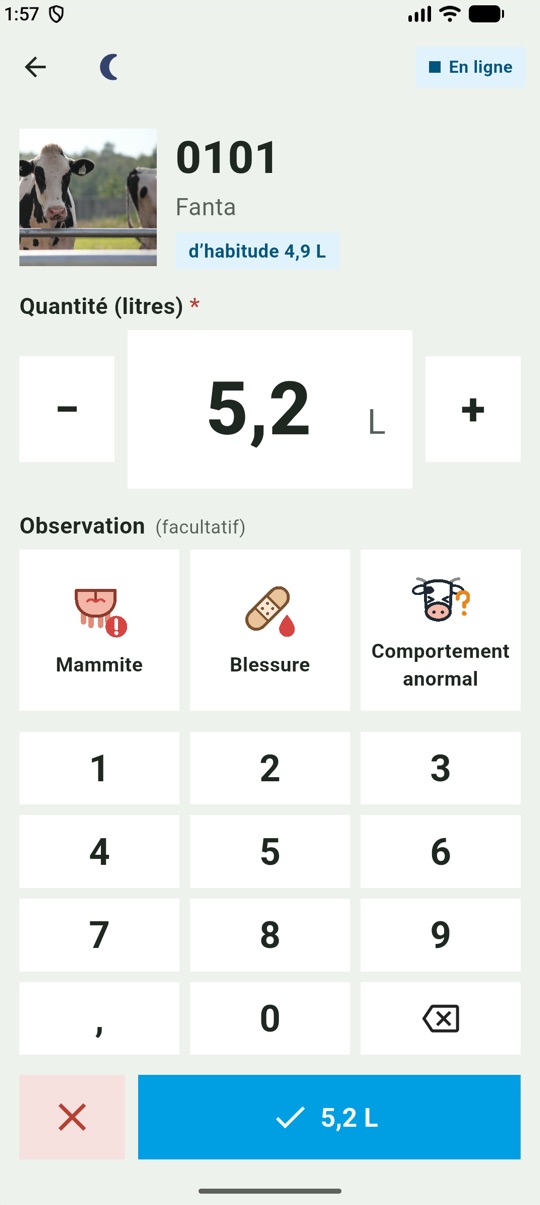 Écran Traite de l'application IKA-NONO